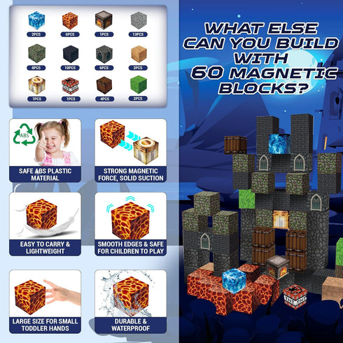Magnetic Blocks - 60PCS Dark Castle Magnet World Set, STEM Sensory Toys for 3-10 Year Olds
