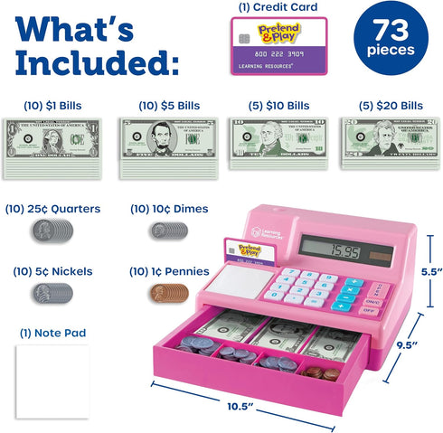 Learning Resources Pretend and Play Calculator Cash Register Pink - Money for Kids, Math Games, Playstore Grocery