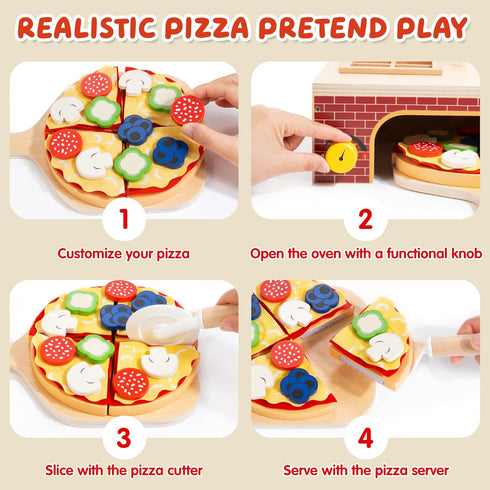 3+, Playset 3 4 5 6 Wooden Pizza Toy - Montessori Pretend Play Food for Ages Educational Learning Toy Wooden with Bake