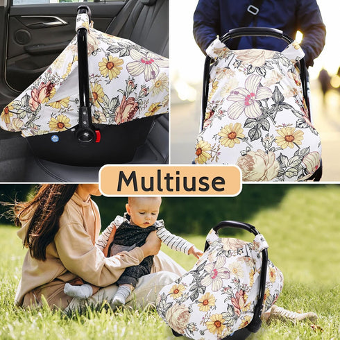 3in1Multi-use Floral Baby Car Seat Cover for Girl,Infant Carseat Canopy Sun CoverBaby Carrier Cover with Zipped Peep