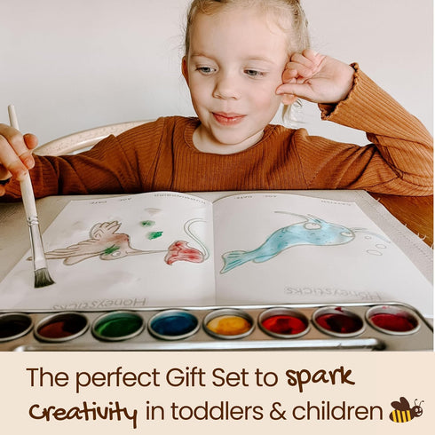 Honeysticks Non-Toxic Watercolor Paint Set for Kids, 8 Vibrant Colors with Brush, Natural Ingredients