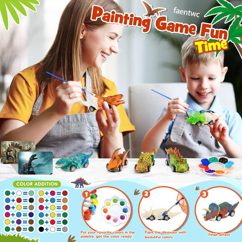 faentwc Dinosaur Painting Toys for Kids 5-7: 2 in 1 Dino Arts Painting Kits and Pull Back Cars Toy for Boys and Girls