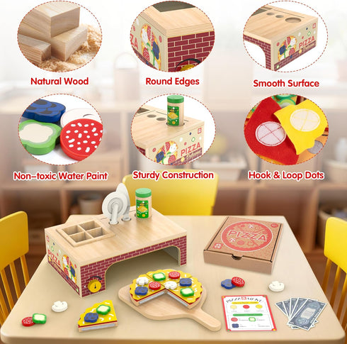 3+, Playset 3 4 5 6 Wooden Pizza Toy - Montessori Pretend Play Food for Ages Educational Learning Toy Wooden with Bake