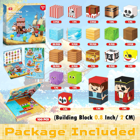 100PCS Set 3 4 5 6 7 8 9 10 ToyUnited Magnetic Blocks - Build Pirate-Ship World - Magnetic Building Cube Stacking, STEM