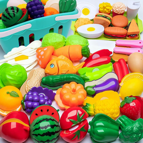 Pretend Play Kitchen Accessories for Kids, 77Pcs Cutting Fruits Vegetables Hamburger Toy