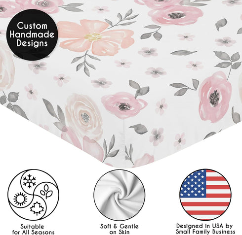 Sweet Jojo Designs Fitted Baby Crib Sheets (Pink/Grey Boho Floral) for Girls, Standard Size