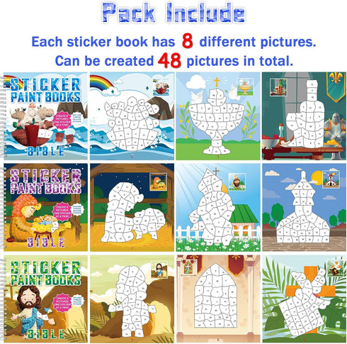 6PCS 4-8 48 Bible Paint by Stickers for Kids Ages VBS Crafts Sticker by Number Puzzle Activity Book Christian Gift