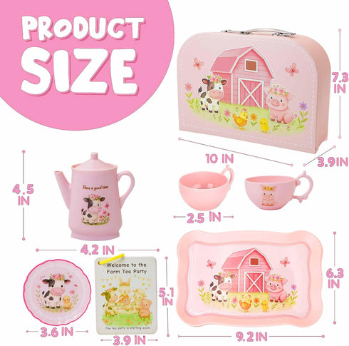 Set 47PCS Sets 3-5 Lajeje Pink Barn Tea Party for Little Girls, Farm Animal Pretend Play Tea Time Kit, Tea for Toddlers