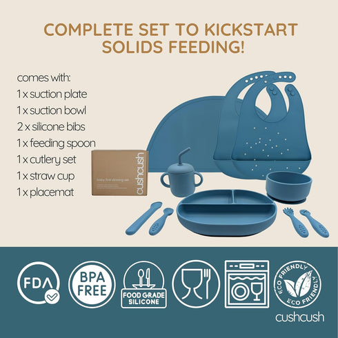cushcush Set, 6+ Silicone Baby Feeding Baby Led Weaning Supplies, First Stage Solid Food eating Utensils, Divided