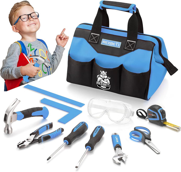 REXBETI 10-Piece Kids Tool Set with Real Hand Tools, Blue Durable Storage