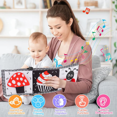 Black and White High Contrast Toys for Baby - Infant Tummy Time Soft Book, Sensory Musical Toy for Brain Development