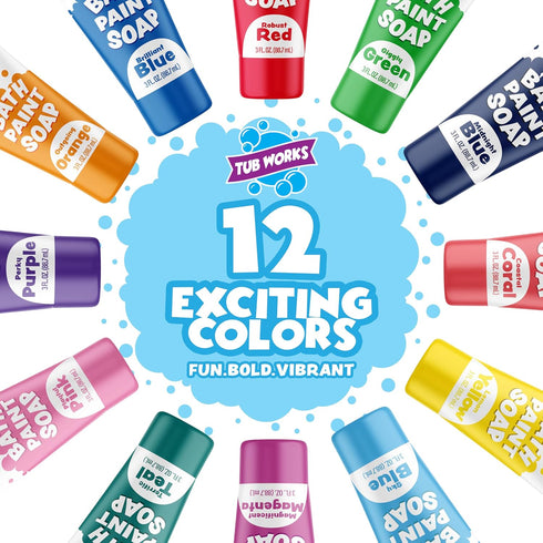 12 Pack Tub Works Bath Paint Soap, | Non-Toxic, Washable Bathtub Paint for Toddlers & Kids | Finger Paint in the Tub |