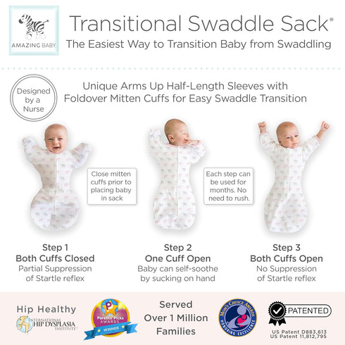 Amazing Baby Transitional Swaddle Sack - Arms Up Half-Length Sleeves & Mitten Cuffs, Swaddle for Newborn, Small, 0-3