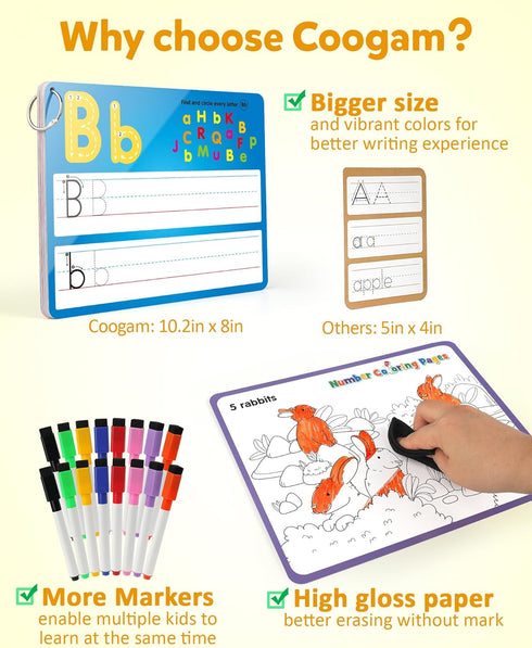 36pcs 3 4 5 Coogam Handwriting Drawing Practice Cards, Alphabet Number Painting Coloring with Pens, Double Sided Write