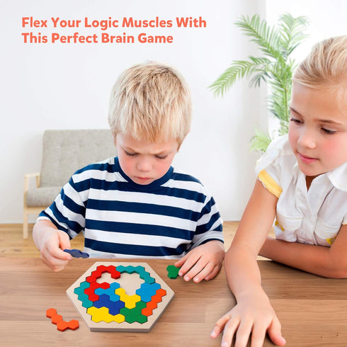 Coogam Wooden Hexagon Puzzle for Kid Adults - Shape Pattern Block Tangram Brain Teaser Toy Geometry Logic IQ Game STEM