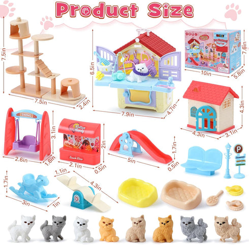 Golray 66Pcs Cat Toys for Kids, 3 In 1 Pet Pretend Play Toys with Cat Figurines, DIY Cat Tree & Playground