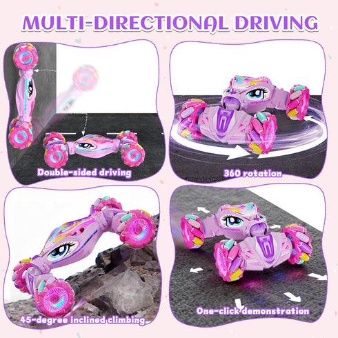 ZHYLLO 6-8-12, 2.4Ghz 4WD 6 7 8 9 10 11 12+ Unicorn Remote Control Car for Girls Age Pink RC Gesture Sensing Stunt