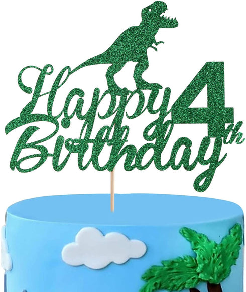 Anxdh Dinosaur Cake Topper for 4th Birthday, Sparkling Happy 4th Birthday Decoration for Boys, Jurassic Park Theme
