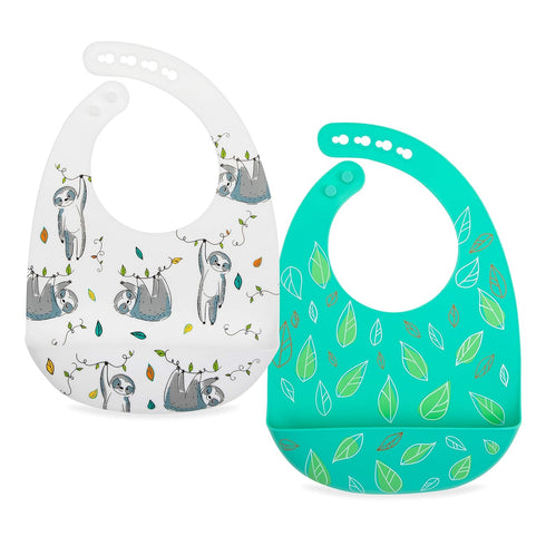 Nuby 2 Pack Adjustable Easy Clean Soft Silicone Bibs with Scoop, Sloth & Leaves