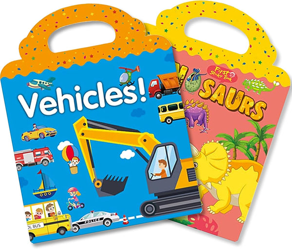 Reusable Sticker Book for Kids 2-4, 2 Sets Vehicle & Dinosaur Sticker Busy Book, Educational Learning Toys for Toddler