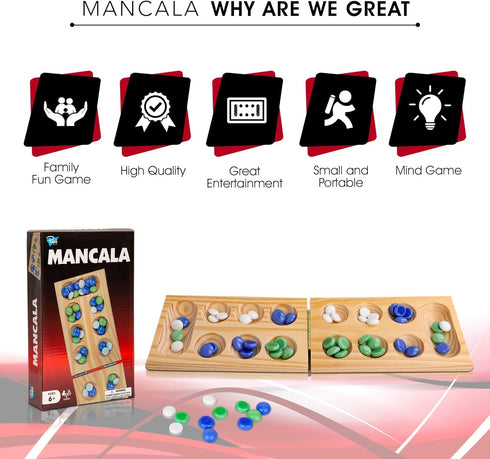 Point Games Solid Pine Mancala - Folding Board Game with Blue, Green, White Marbles, Portable Strategy Game