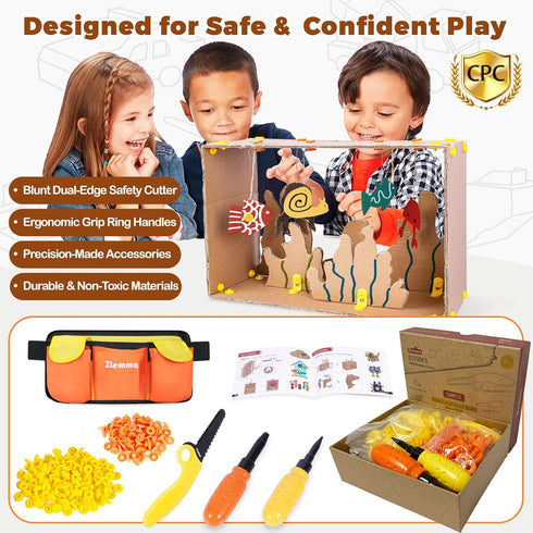 124-Pieces Cardboard Construction Tools Kit with Waist Bag, Safety Ring Saw, Screwdriver, Waist Bag and Gift Box Safe