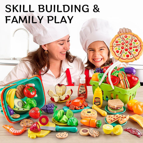 85Pc Sets 2 Kidsciety Pretend Play Food for Kids Kitchen, Cutting toy food with Baskets, Play Kitchen Accessories