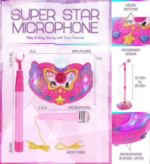 Mozlly Playset MP3 Super Star Kids Karaoke Machine with Microphone Stand - Pink Microphone with Stand with Built