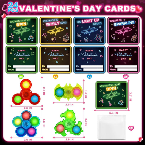 24 Pack Shemira Valentines Day Cards for Kids School Classroom Exchange, Valentines Cards with Light Up Fidget Spinners