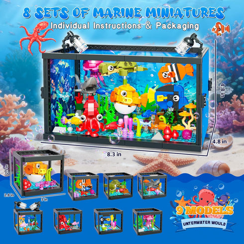 ONIMISC 8 1 Sets 8-12, 640PCS in Aquarium Building with Light, Compatible with Lego Fish Tank Building Kits Including