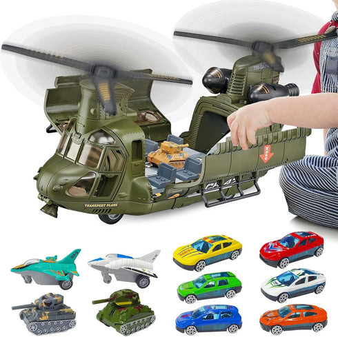 Yiwsnust Military Helicopter Toys Set with Light - Friction Powered Transport Helicopter Toy
