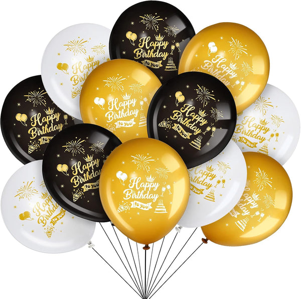 45 Pieces 12 Inch Happy Birthday Balloons, Black Gold White Latex Balloons for Birthday Anniversary Party Decoration