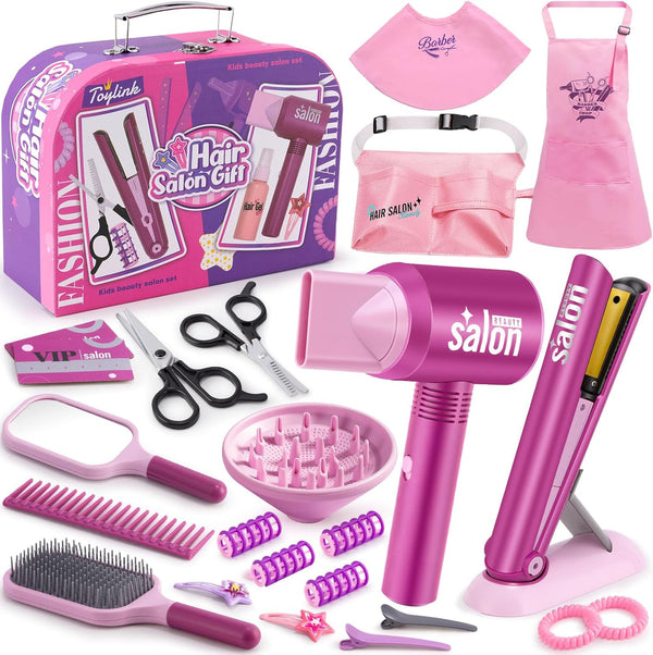 Hair Salon Pretend Play Toys for Girls - Makeup Playset with Hairdryer, Straightener, and Portable Box for Ages 3-6