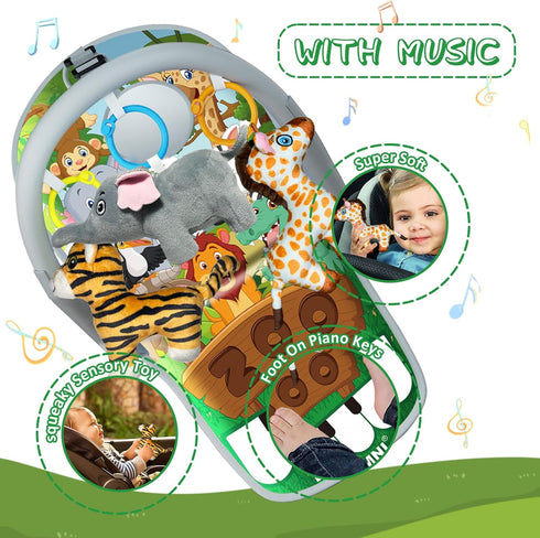 Car Seat Toys for Baby 6 to 12 Months, Musical Pedal Piano, Baby Travel Toys with Mirror and Squeaky Animal Toys