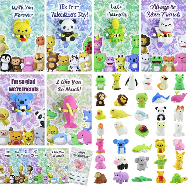 36 Pack Valentines Cards for Kids Classroom - Valentine's Greeting Cards with Cartoon Animal Erasers