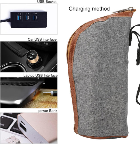 USB Portable Heated Bottle Cover for Baby, Insulated Milk Warmer Travel Bag with Safe Heating Element - Compact Infant