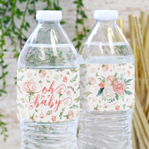 Baby in Bloom Baby Shower Water Bottle Labels - 20 Waterproof Stickers for Pink Floral Boho Girl Baby Shower