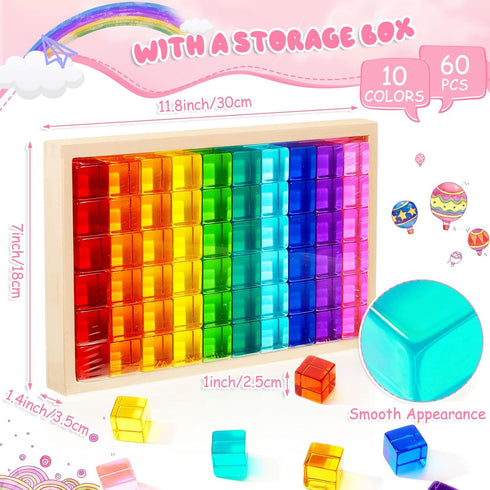 Meooeck 60 Pcs Acrylic Gem Cubes, Translucent Rainbow Building Blocks, Educational Sensory Training Toys with Storage