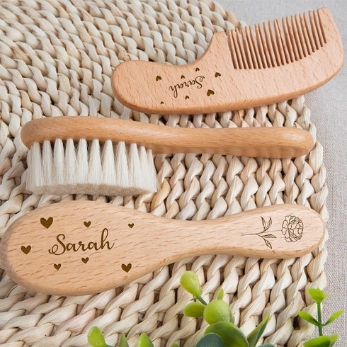 PLOVEGIFT Set, 2) Personalized Newborn Hairbrush And Comb Gift Customizable Name And Pattern, Wooden Comb And Goat