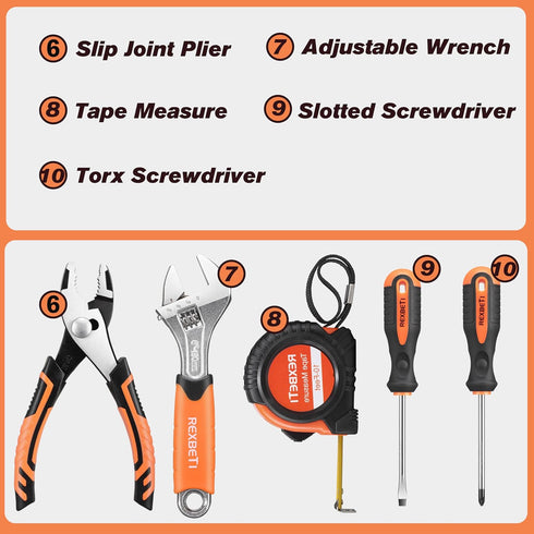 10-Piece Set 6+ REXBETI Kids Tool with Real Hand Tools, Orange Durable Storage Bag, Children Learning Tool Kit for Home