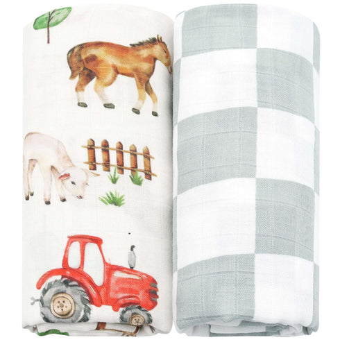 LifeTree Muslin Swaddle Blankets, Farm Animals Baby Swaddling Wrap Nursery Receiving Blanket