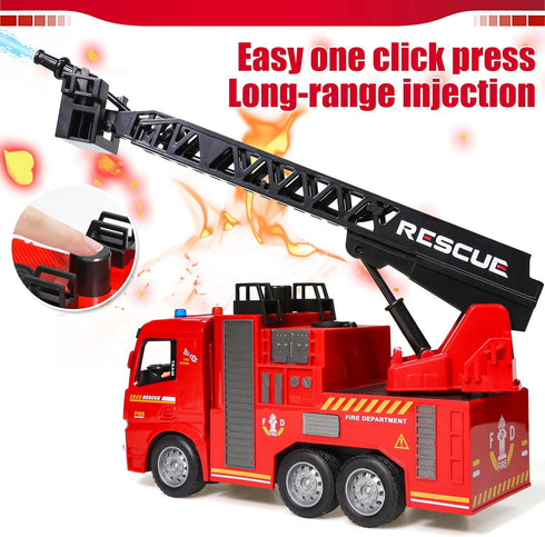 MQDMINI 3 Remote Control Fire Truck Toy - Fireman Fire Truck with Jet Pump and Lights, Red Toy for Year Old Boys, Girls