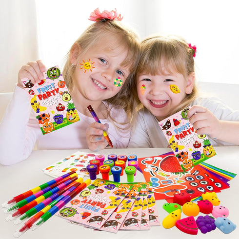 72 Summer Set Cinrobiye Pcs Fruit Coloring Book Bulk with Stacking Pencils, Tutti Frutti Party Favors, Tropical Hawaii