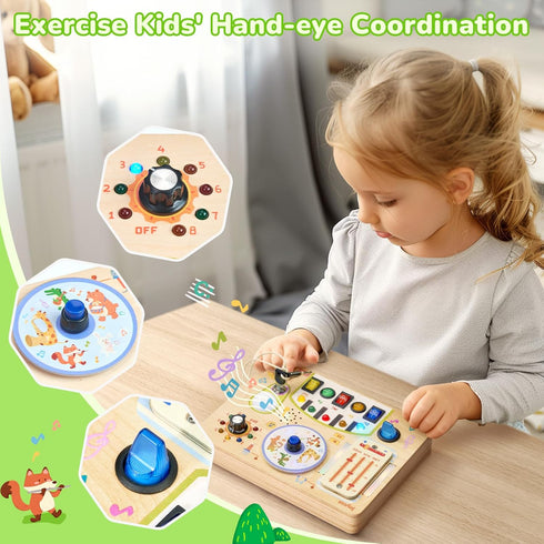 1 2 3 4 1-3, JoyCat Busy Board with Led Light, Toddler Toys for Year Old Boys and Girls, Wooden Sensory Toys