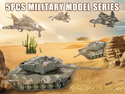 5 Pack Set, Playset 3+ Crelloci Die Cast Fighter Jet Tank Toy, Pull Back Army Toys Vehicle Camouflage Bomber Airplane