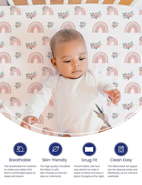 9'' Pocket-2 Pack TotAha Pink Rainbow Crib Sheets Girl - Hypoallergenic, Silky Comfort, Buttery Soft, Calming Effect