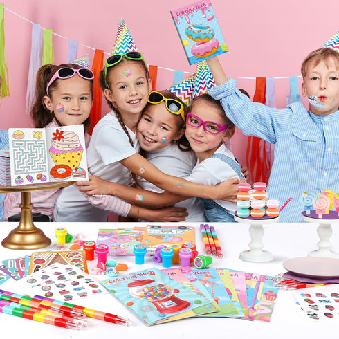 84Pcs Set BenLouis Candyland Party Favors Ice Cream Donut Coloring Book Crayon Stickers Bulk for Kids Cupcake Lollipop