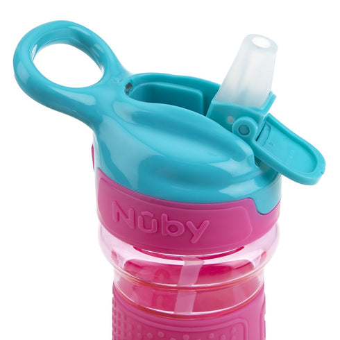 Nuby Thirsty Kids Push Button Flip-it Soft Spout Water Bottle, Easy Grip Band, Pink Rainbows, 12 Ounce