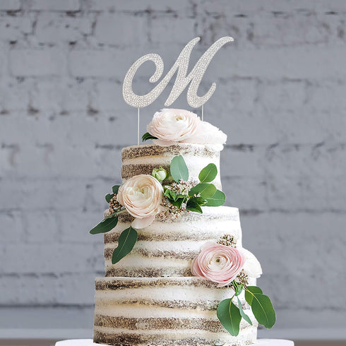 Letter M Cake Topper - Premium Silver Metal M Monogram Wedding or Anniversary Party Decoration, Sparkly Rhinestone
