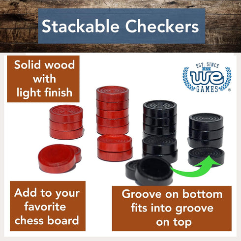 WE Games Checkers Pieces Only - Wooden Checker Board Game Pieces, 24 Stackable Black and Red Player Pieces